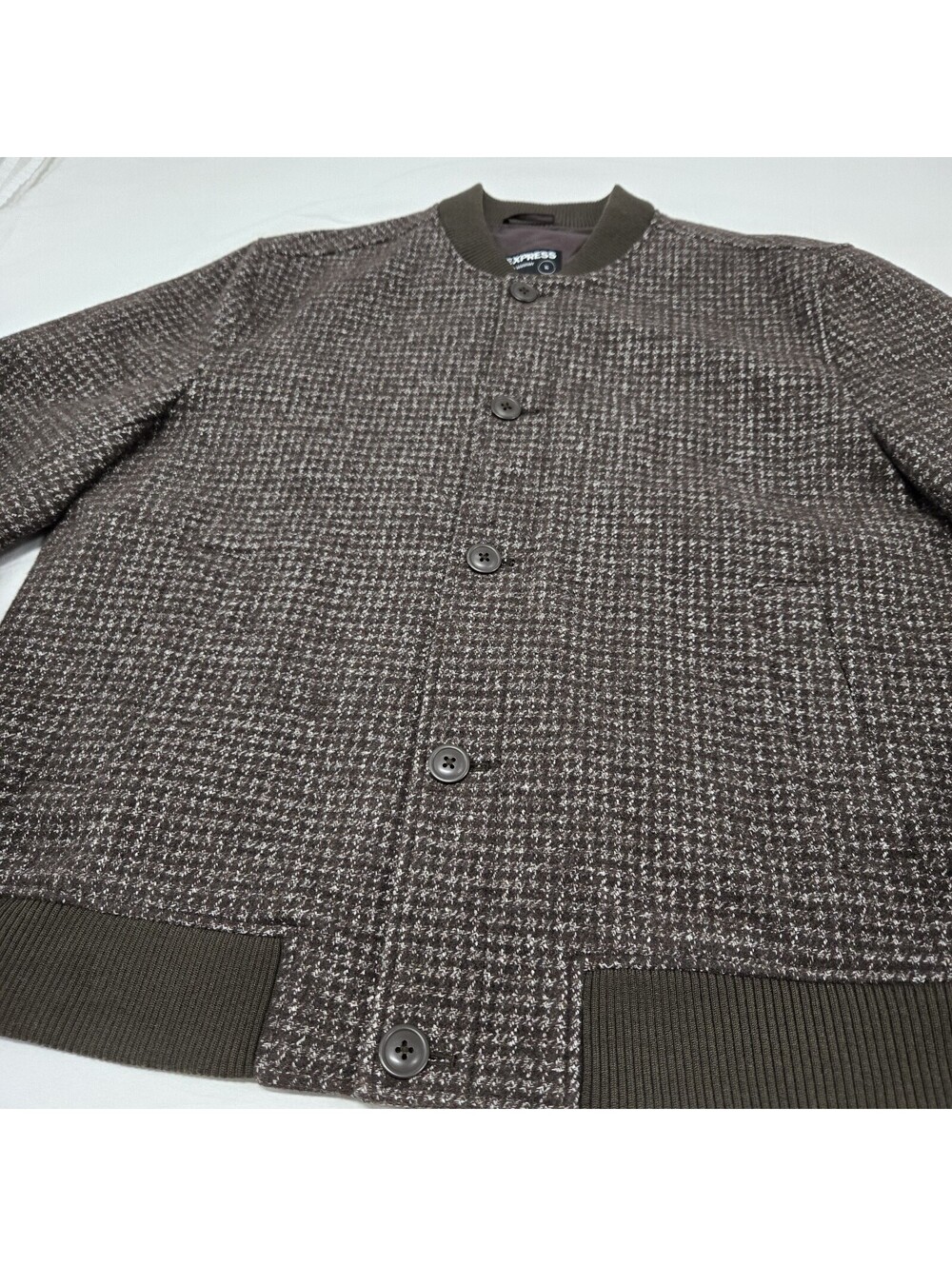 EUC Sz XL Men's EXPRESS Brown Wool Blend Bomber Jacket Water Resistant Button Up